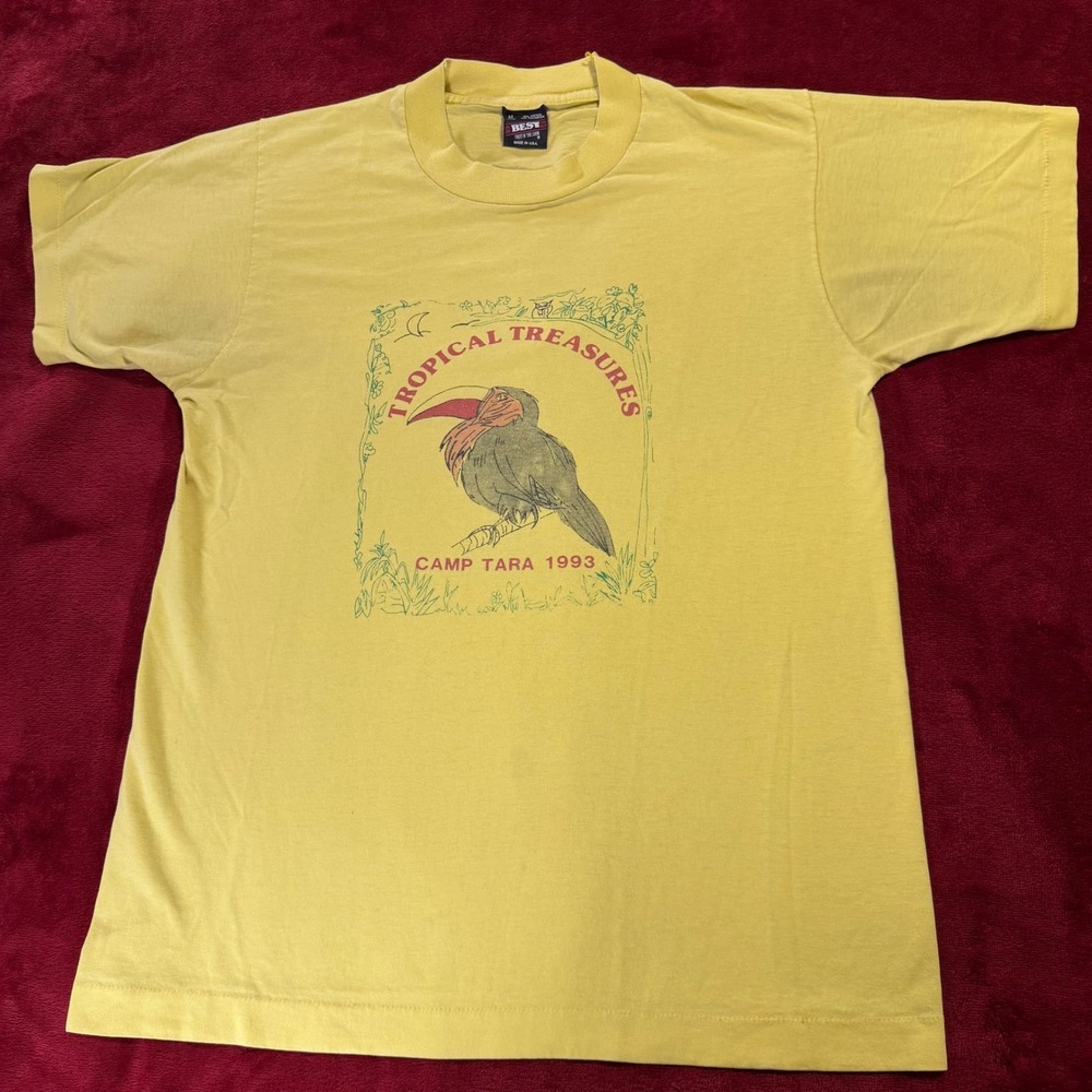 Vintage 1993 Camp Tara Tropical Treasures Toucan TShirt Yellow Fruit of the Loom